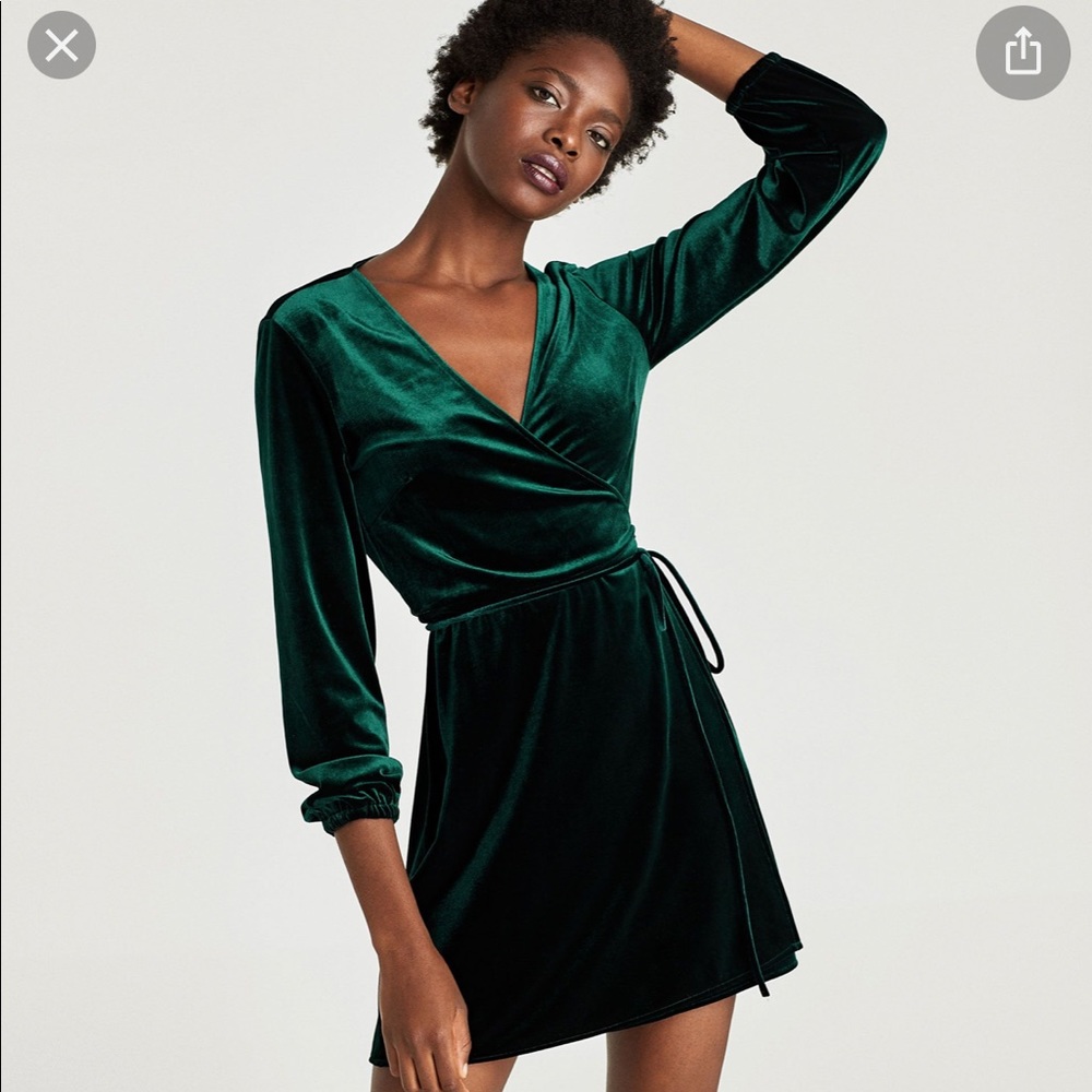 Zara Woman Green Velvet Wrap Dress